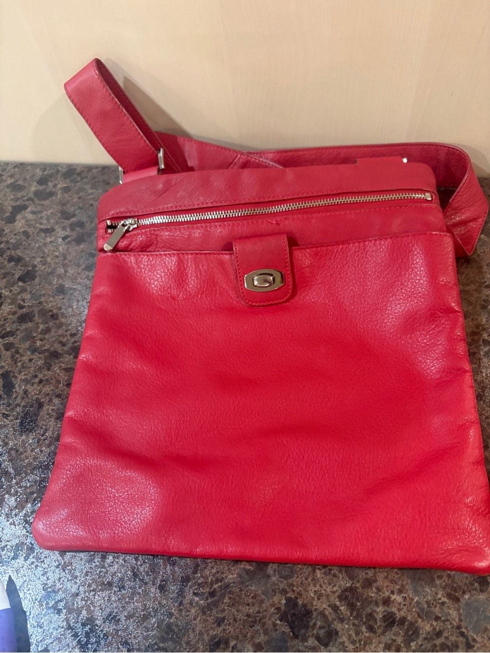 Danier Red Leather Crossbody Bag with Front Zip Pocket